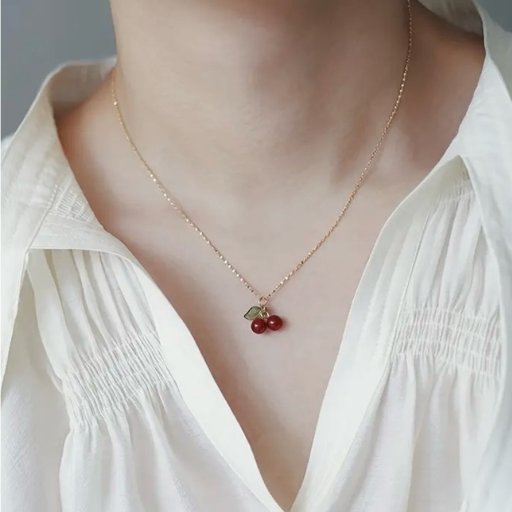 Gold Fashion Cherry Pendant Necklace - Picture 2 of 7